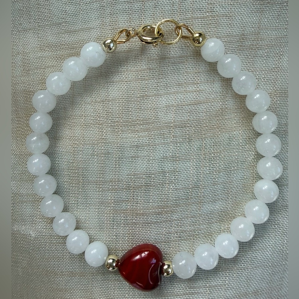 Elegant natural Jade gemstones bracelet,red heart charm,gold beads.Sz 7.5”. GIFT